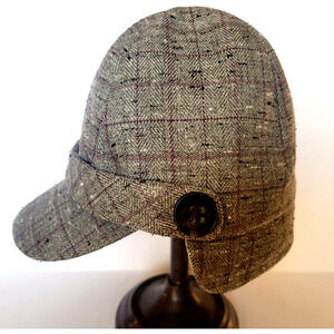 Duck Gray Plaid Tweed Hat Cap with Ear Flaps Size Small Fleece Lined